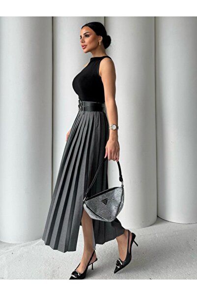 HARMONY GLOBAL تنورة ميدي شق مطوية بتفاصيل حزام مزدوج من أنثراسايت – حزام، طراز مكتبي وعصري 7232