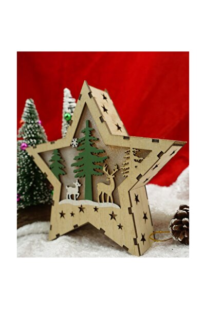 Bibilel Lighted decoration, star with reindeer design, brown, 18 x 18 x 4 cm, wood, indoor/outdoor