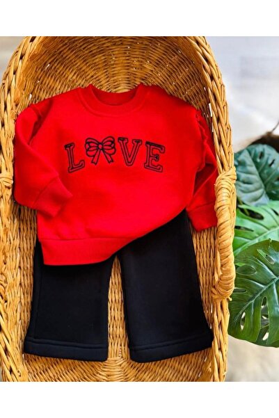 dolaş kids Love Embroidered 3-Thread Shirt Fleece-Lined Baby Girl Set