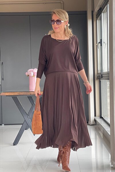 MİSLİNA BUTİK Pilise Etek Detay Kahve Elbise
