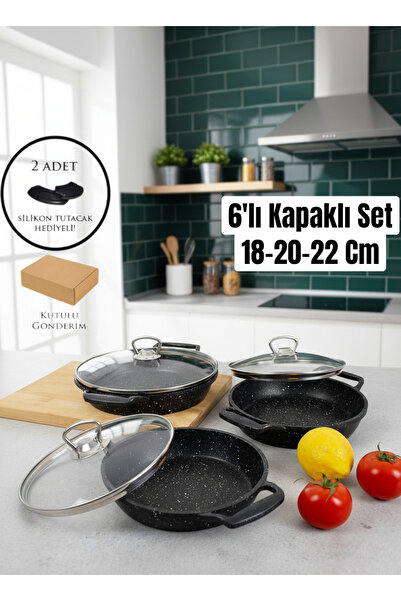 DASYAP 6’lı Döküm Granit Tava Seti Cam Kapaklı (18–20–22 cm) Yapışmaz Yüzeyli...