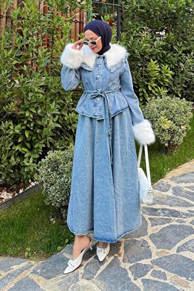 lamelif Fur Detailed Denim Suit Jeans Blue