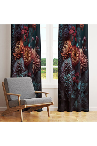 LadiesHome Lacivert Zemin Modern Dark Floral Tek Kanat Fon Perde 140x260 cm