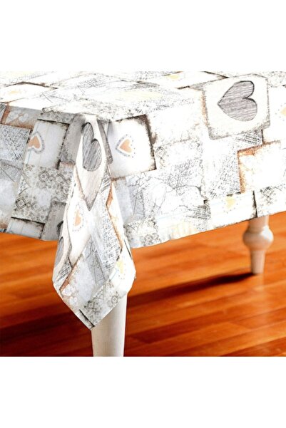 SHOPIENS Textile Tablecloth, Heart Pattern, Beige/Grey, 180x140 cm
