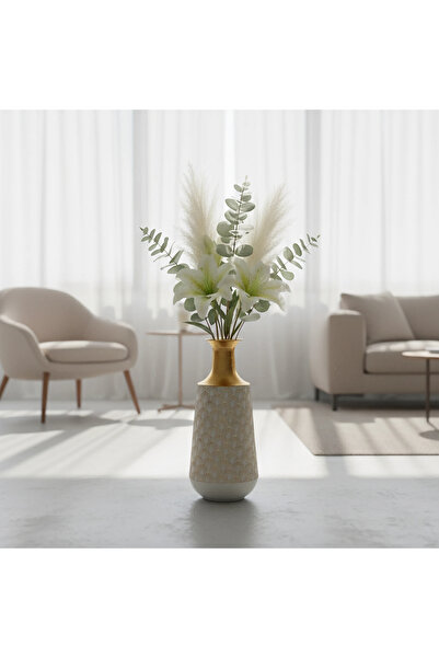 Hinora Gold Desen Detaylı Gri Büyük Boy Metal Vazo 44x18x18cm