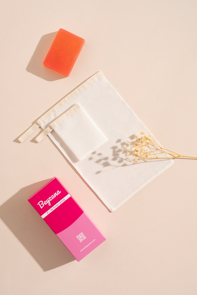 BEYZANA 2’li Set Ekru Yüz Kesesi ve Vücut Banyo Duş Kesesi Peeling Eldiveni F...