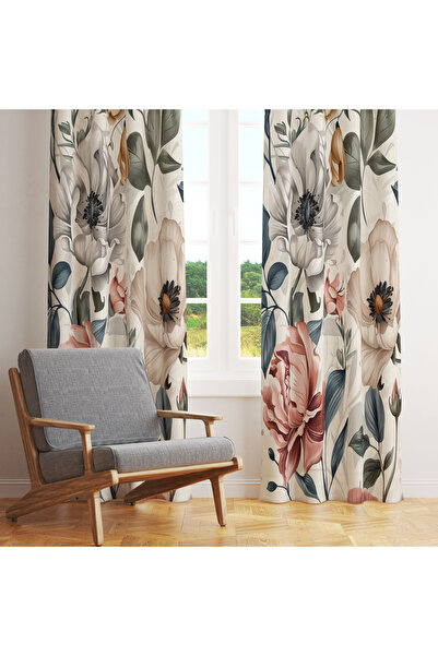 LadiesHome Krem Somon Lüks Çiçekli 140x260 Tek Kanat Fon Perde