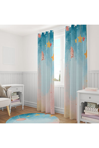 LadiesHome Space and Stars Patterned Children's Room Single Wing Background Curtain 140X260 cm