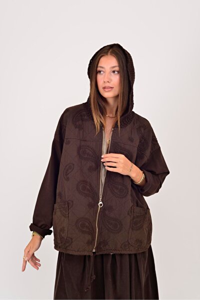 Park Moda 5060 Lova Shawl Pattern Hooded Lace-Like Knit Zippered Quilted Jacket