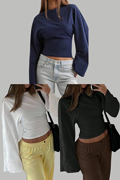 COOL TARZ أسود - أبيض - أزرق داكن، عبوة من 3 قطع، بلوزة نسائية طويلة الأكمام بخصر ضيق