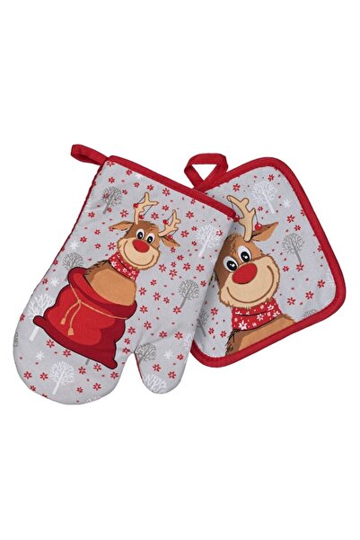 SHOPIENS Christmas Kitchen Set - Oven Mitt and Towel, Reindeer, Red/Grey, 2 pcs