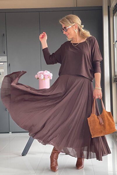 MİSLİNA BUTİK Pilise Etek Detay Kahve Elbise