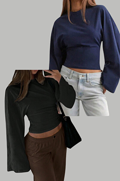 COOL TARZ Black - Navy Blue 2-Pack Women's Long Sleeve Waist-Fitted Blouse