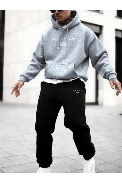 PAVRO Tracksuit Set Sweatshirt Jogger - Oversized Fleece-Lined Alpha Printed Hooded