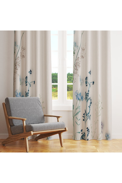 LadiesHome Κρεμ Φόντο Μπλε Μινιμαλιστικό Μποτανικό Μονόφυλλο Φόντο Κουρτίνα 1...