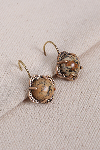 Süspüs Accessories Brown Jasper Stone Flower Model Authentic Earrings