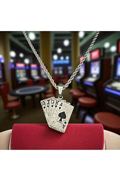 AKSESUARIM Men's Hip-Hop Iced Out Playing Card Flat Flush Steel Necklace