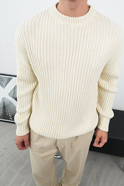 Thebomb Oversized Crew Neck Corded Fabric Knitwear Sweater