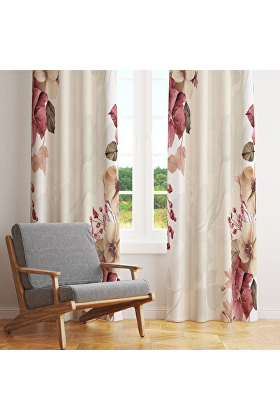 LadiesHome Krem Zemin Üzerinde Bordo & Bej Çiçek Desenli Tek Kanat Fon Perde ...
