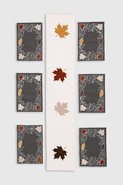 Go Veform Kadife Nakışlı Kalın Keten Runner ve 6'lı Amerikan Servis Takımı | Lüks Sofra Takımı