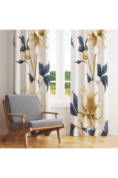 LadiesHome Cortina de fundal cu o singură aripă, cu model de flori, albastru închis, premium, 140x260 cm – fundal alb
