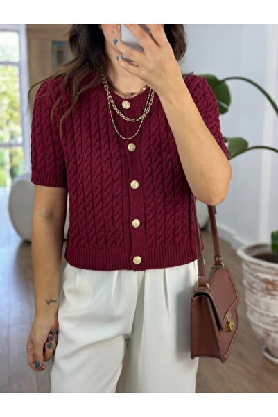 Lovely butik Women's Hair Braided Gold Buttoned Short Sleeve Knit Cardigan
