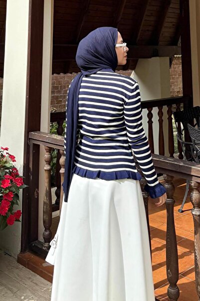 lamelif Ruffled Striped Cardigan Navy Blue