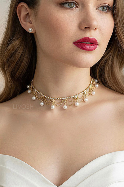 LIVOSH CHOKER İNCİLİ SALLANTILI TAŞLI TASMA KOLYE