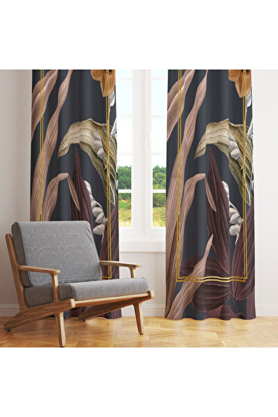 LadiesHome Antrasit Zemin Üzerinde Turuncu Çiçek ve Yaprak Desenli Tek Kanat ...