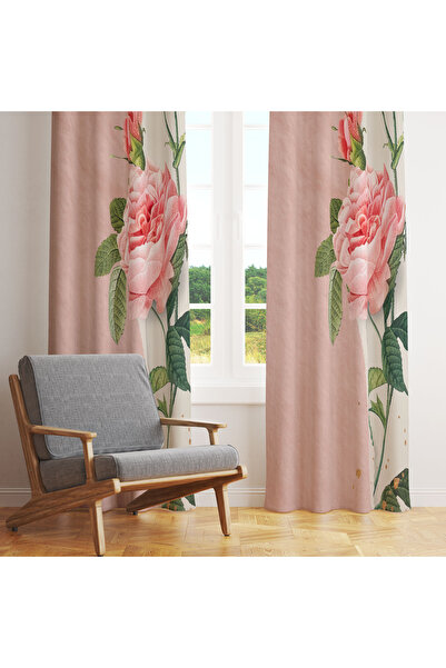 LadiesHome Pudra Gül Desenli Tek Kanat Fon Perde 140x260 cm