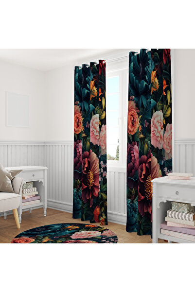 LadiesHome Dark Petrol Fuchsia Botanical 140X260 Single Wing Background Curtain