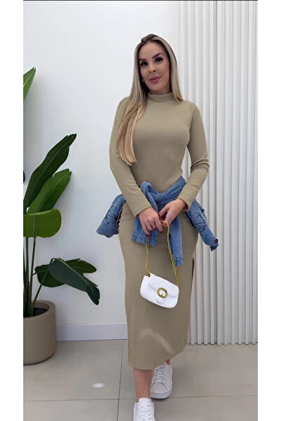 Butik Women's Long Sleeve Turtleneck Side Slit Slit Ribbed Knit Maxi Dress