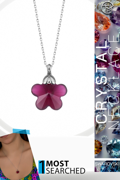 Twem Silver قلادة زهرة الأقحوان الفوشية مرصعة بحجر الزركونيا والكريستال من سو...