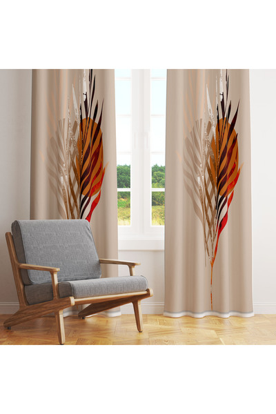 LadiesHome Bej Zemin Üzerinde Tropikal Yaprak Desenli Tek Kanat Fon Perde – 1...