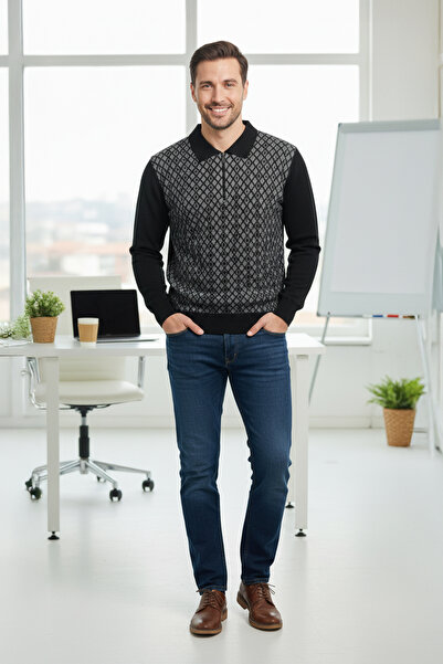 Pulltonic Erkek Polo Yaka Fermuarlı Kazak | %70 Pamuk