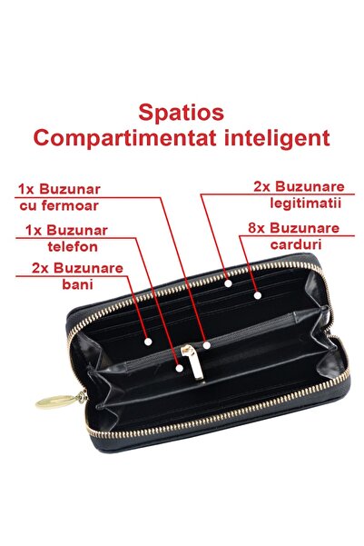 OptimStar Women's wallet, genuine leather, embossed floral ornaments, 19x9x2.5cm, Black