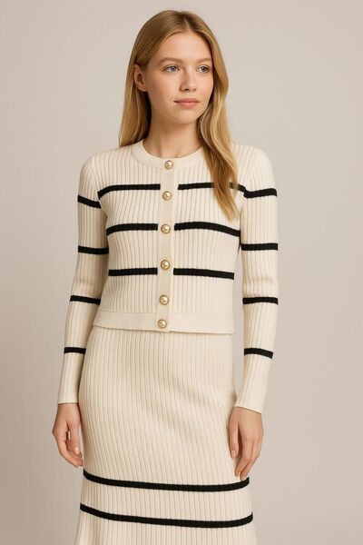 Sfg Life Moda Women's Fleece-Lined Pearl Button Detailed Striped Skirted Bottom Top Set