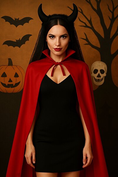 TOYFEST Devil Costume Set (Red Collared Cape + Lace Black Horned Crown) – Halloween Costume