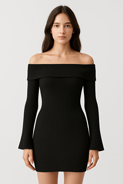 peelter Kadın Madonna Yaka Fitilli Vücuda Oturan İspanyol Kol Mini Elbise