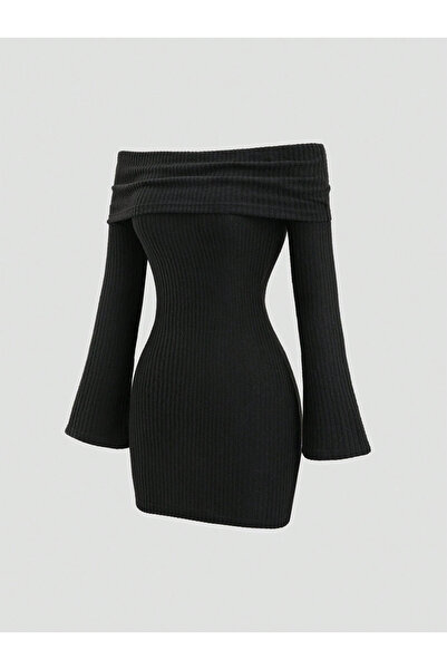 peelter Kadın Madonna Yaka Fitilli Vücuda Oturan İspanyol Kol Mini Elbise