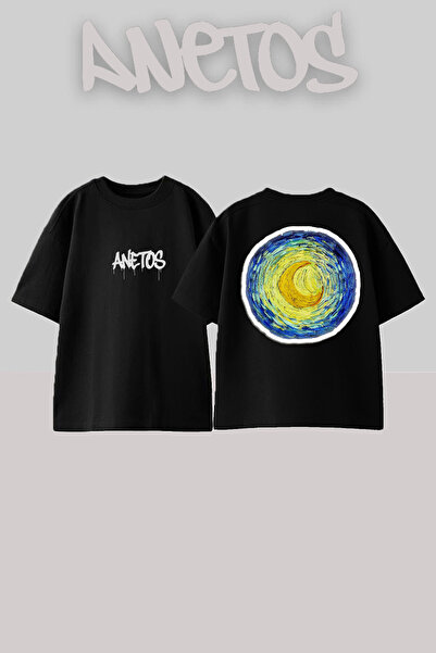 Anetos Tricou supradimensionat din bumbac negru cu design Van Gogh 2