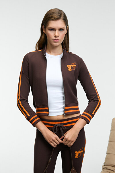 GRIMELANGE Talysse women's zip-up Mock Neck piece brown knit cardigan with cuffed hem