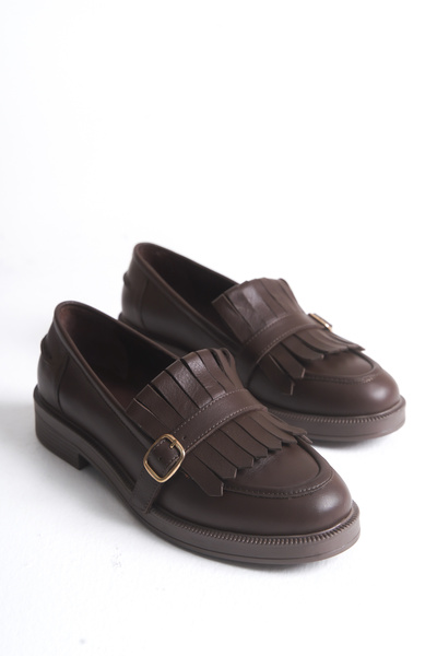 ERNİLA Shelly Genuine Leather Buckle Tasseled Brown Loafer Shoes