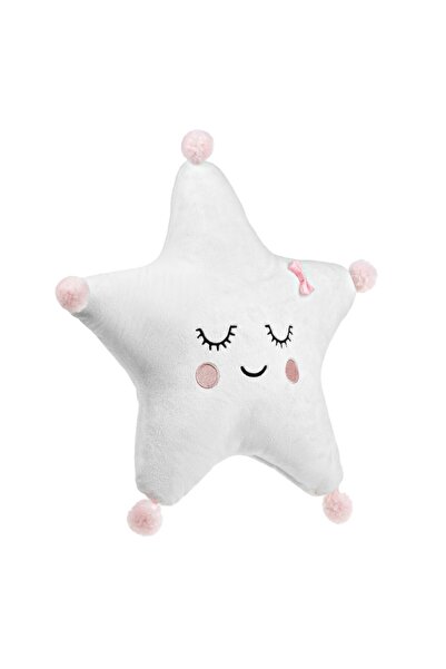 MYONNA IT & E- COMMERCE Decorative Star Pillow with Embroidery and Pink Pompom, 36x36 cm, White