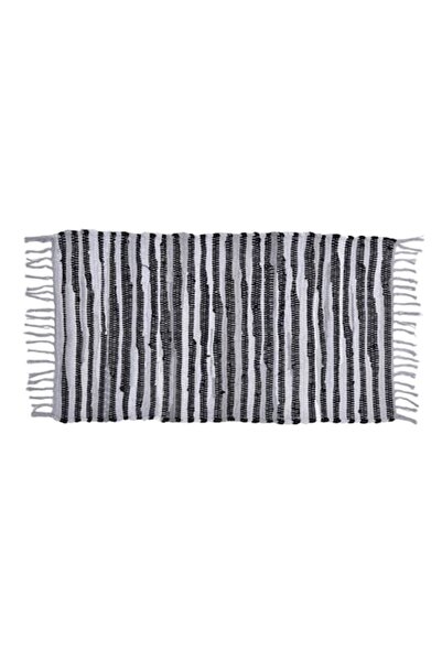 SHOPIENS Woven Decorative Rug, Gray-Black Striped with Fringes, 80x50 cm, 80% Cotton 20% Polyester