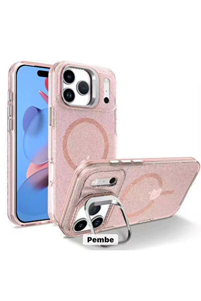 DGN İphone 17 Pro Max Uyumlu Lüks Parıltılı Magsafe Destekli Standlı Taşlı Lens Hediyeli Şeffaf Kapak