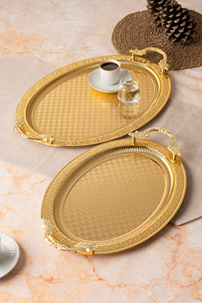 Le Paon Metal Gold & Gümüş 2’li Oval Tepsi Seti – Zarif Desenli Servis ve Sunum Tepsisi, Kararmaz