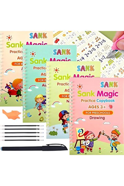 AYEBIA دفتر تدريبات السحر، مجموعة تدريبات تتبع خط اليد قابلة لإعادة الاستخدام، قلم و4 كتب قابلة لإعادة التعبئة