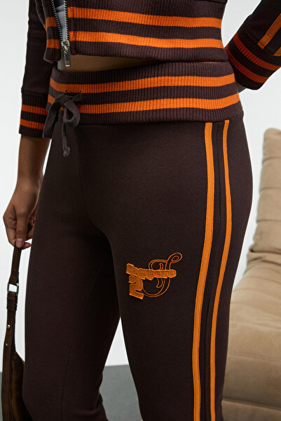 GRIMELANGE Menttaque Women's Knitwear Belted Contrast Piped Embroidered Brown Sweatpants