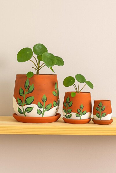 Comlekevi toprak saksı El yapımı desenli 3 lü Toprak saksı seti